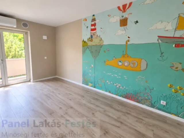 Gyerekszoba festés tengeralattjárós dekorfallal Gyerekszoba festés színes tengeralattjárós és tengeri mintás dekorfallal